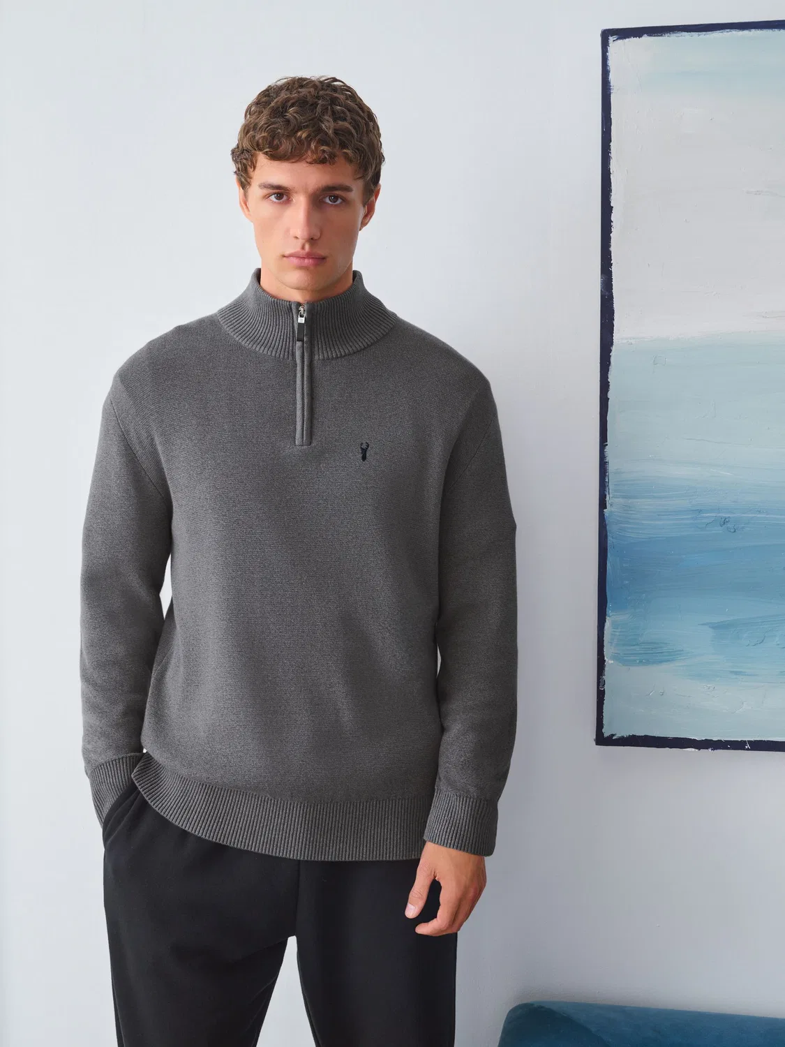 Джемпер с четверть-застежкой молния, Charcoal Grey, Stag Logo Next — фото 4