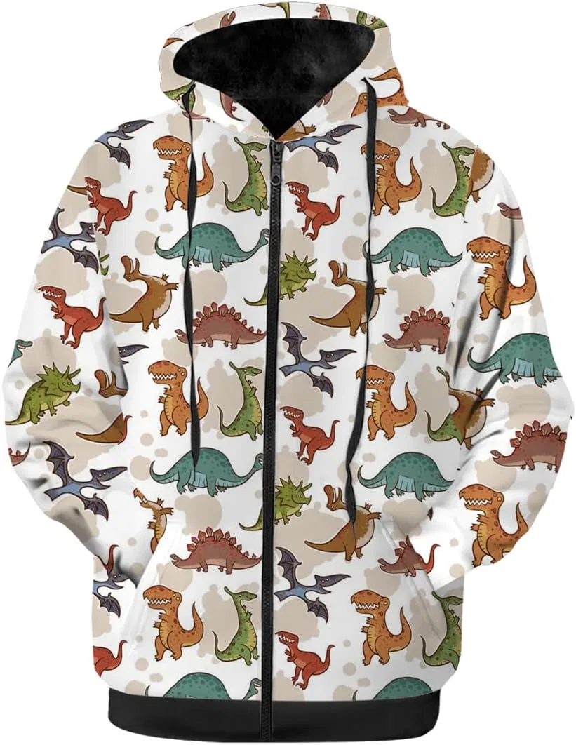 Мужская куртка-худи с принтом, Dinosaur Mens Womens Winter Jacket, Black Fleece Lined Zip-up Hoodie Warm Sweatshirt Coat, 3203 Dinosaurs Brown