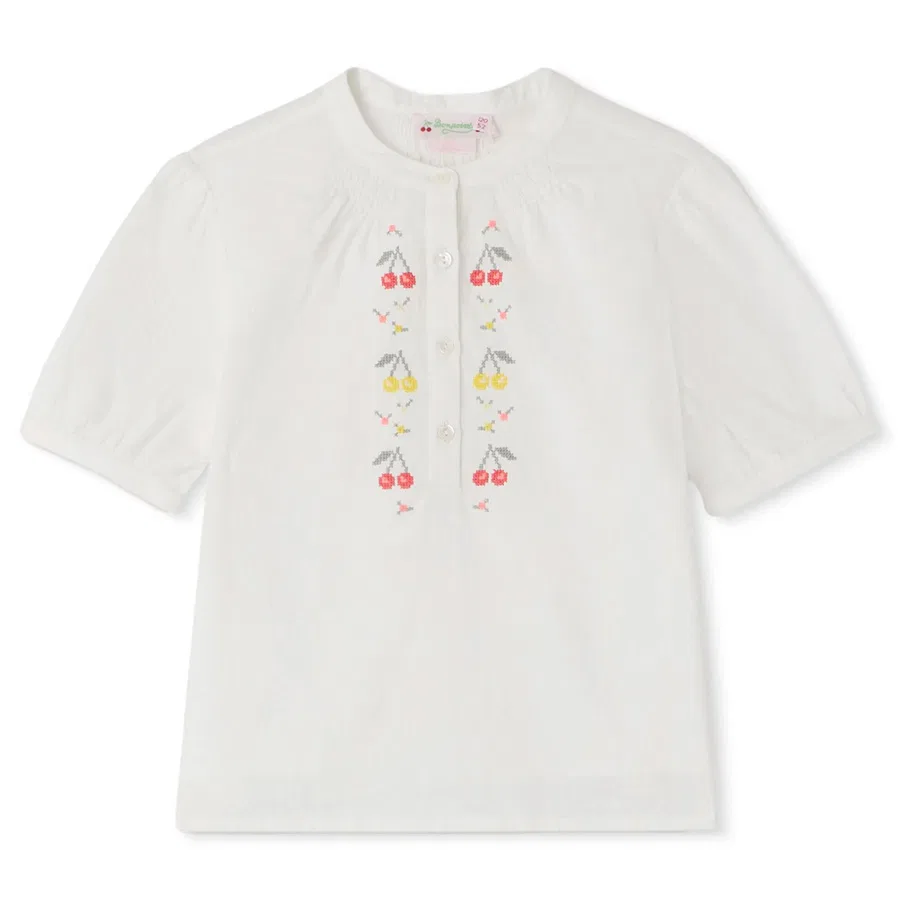 Блуза хлопковая с вышивкой Girls Embroidered-Logo Cotton Blouse Bonpoint, Blanc Lait