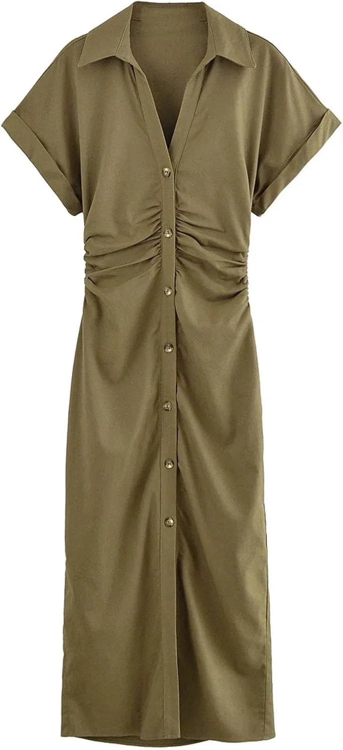 Женское повседневное платье с отложным воротником Generic, Army Green — фото 4