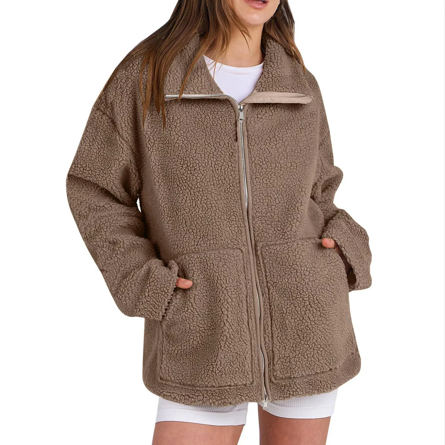 Женское пальто с длинным рукавом Oversized Fuzzy Fleece Jackets, Cachi scuro — фото 4