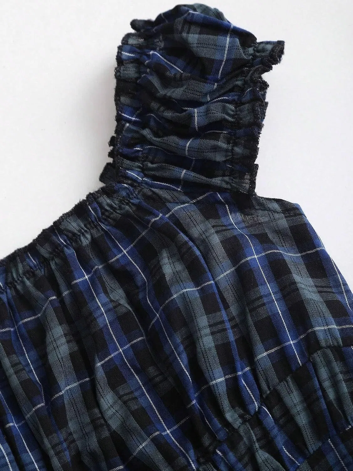 Женское платье мини A-силуэта с запахом, клетка, Off Shoulder, Blue — фото 4