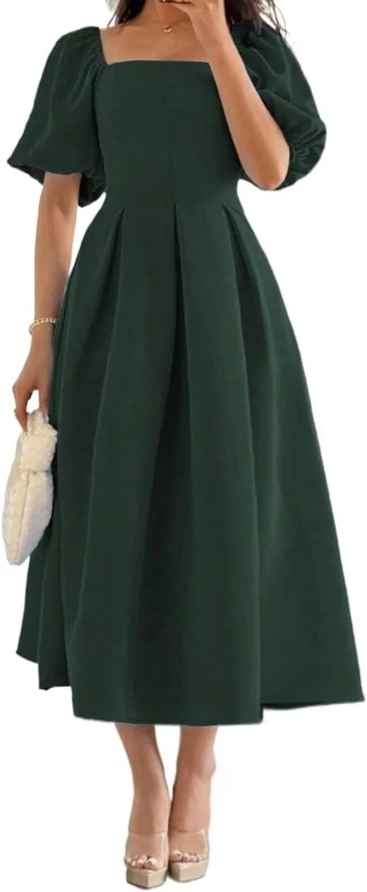 Женское коктейльное платье миди с пышными рукавами, Dark Green