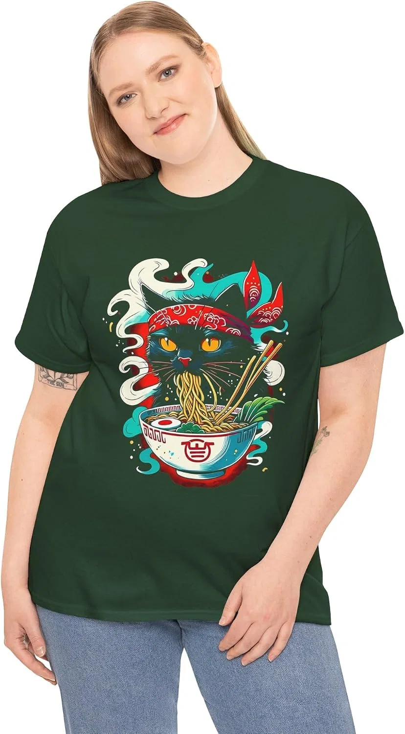 Женская футболка с принтом Ramen Cat, тёмно-зелёный — фото 2