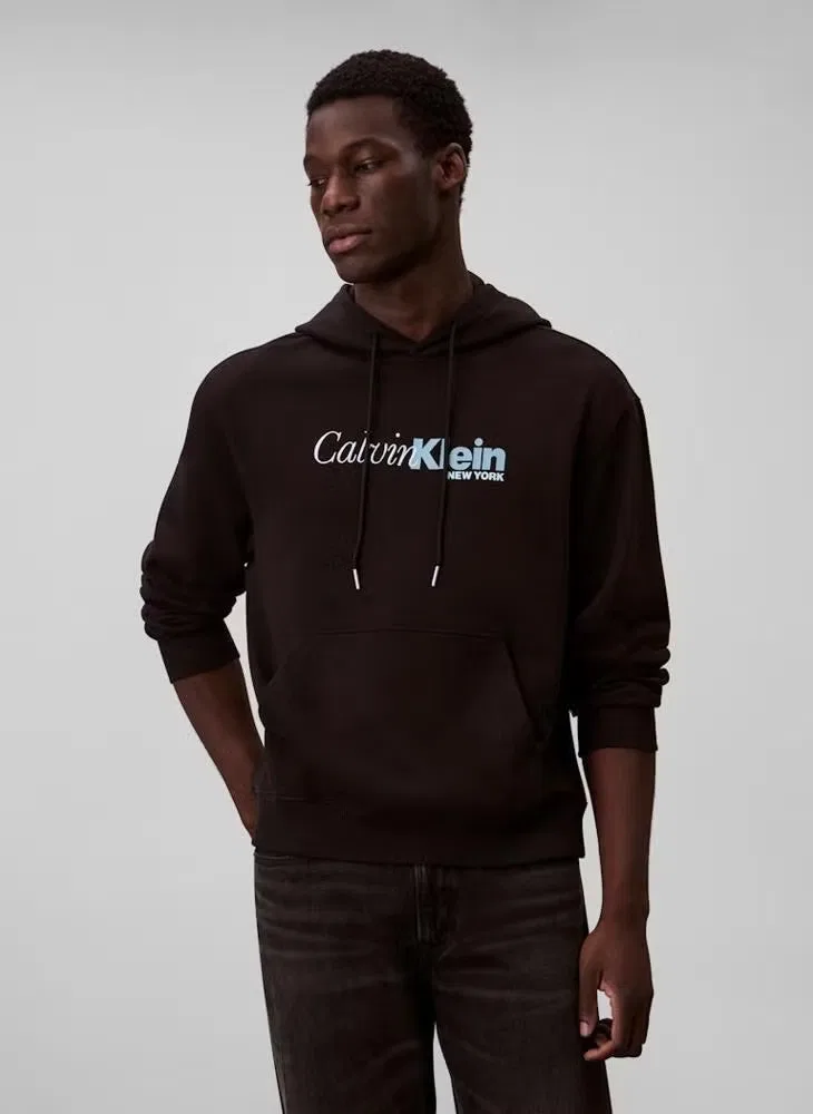 Худи с логотипом графическим, длинный рукав, Calvin Klein, черный