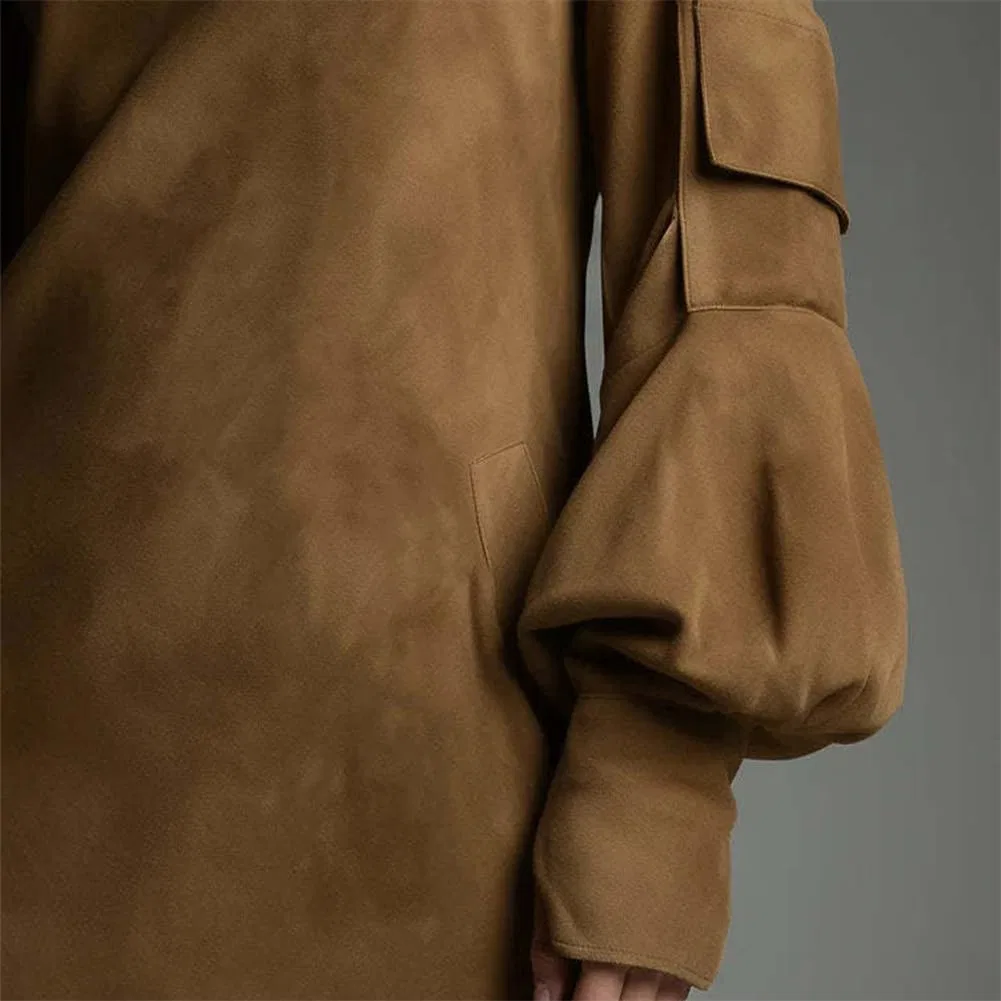 Женское винтажное платье мини из замши с высоким воротником, Brown — фото 3