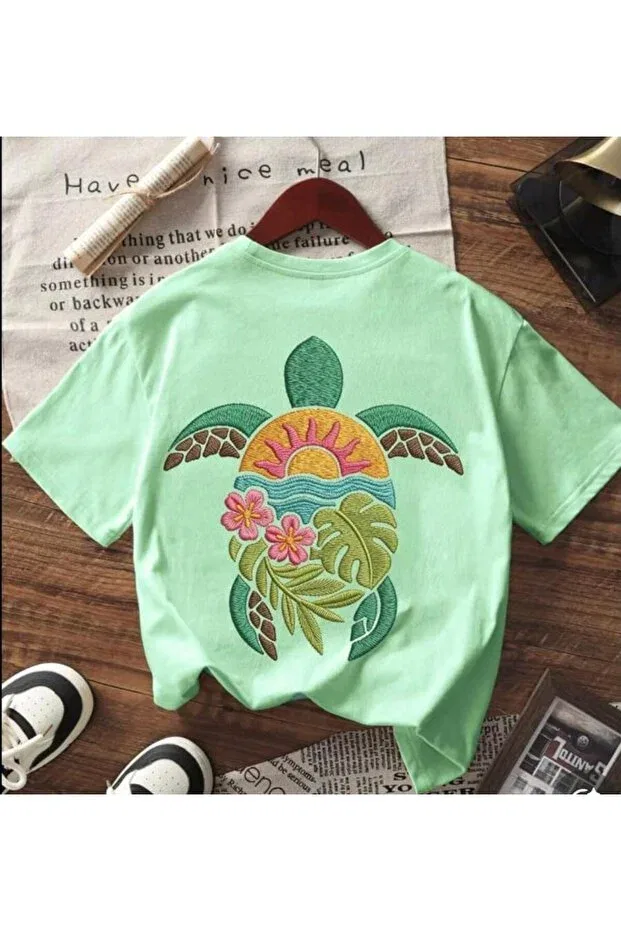 Детская футболка с принтом Crew Neck Tropical Turtle Back Printed Unisex T-Shirt Nigrum Pardus, Green