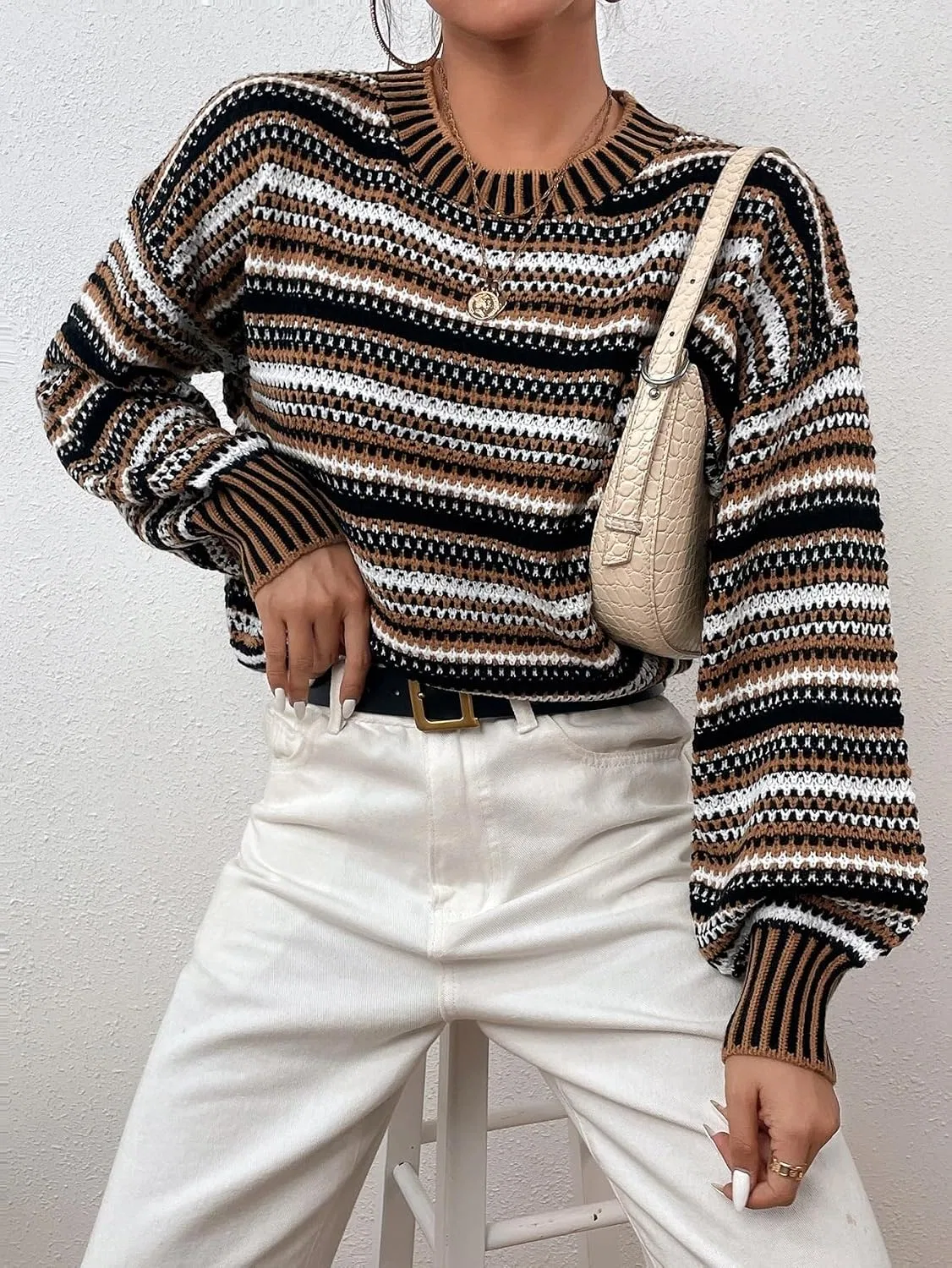 Женский свитер с длинным рукавом, Drop Shoulder Lantern Sleeve Striped, мультиколор — фото 2