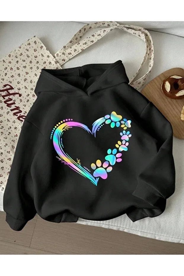 Детское худи для девочек с принтом Hooded sweatshirt with paw print heart Topçu, Black
