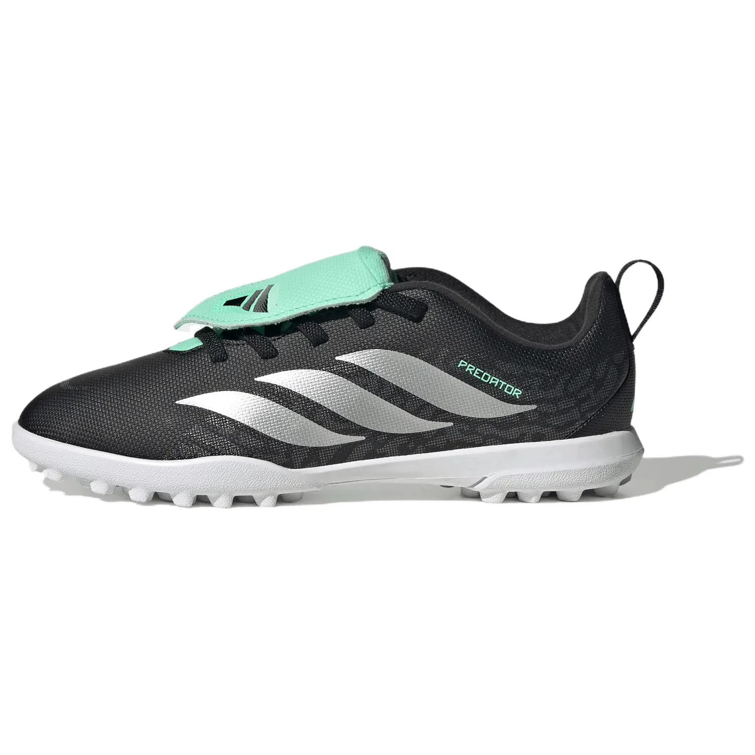 Детские футбольные бутсы с фиксированной шнуровкой Adidas Predator CLUB, Black/Metallic Silver/Mint
