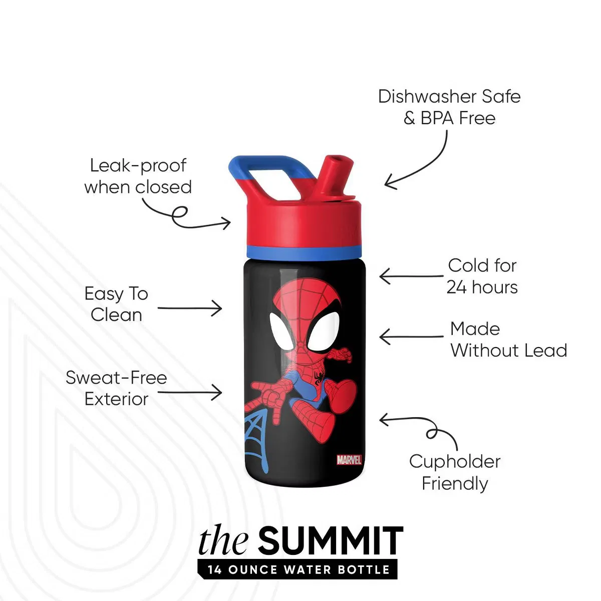Детская бутылка для воды 14 унций с трубочной крышкой Summit Spidey Simple Modern, Black — фото 2