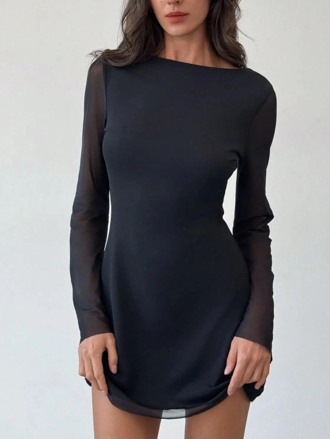 Женское мини-платье с открытой спиной и галстуком Mesh, Black — фото 3