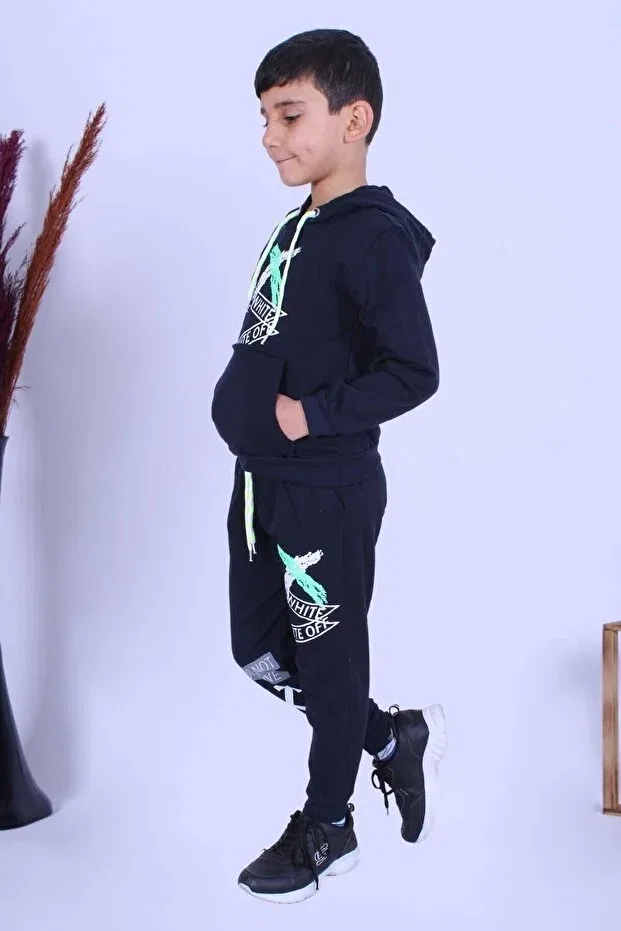 Детский комплект спортивного костюма для мальчиков с принтом X Printed Hooded Boys' Top And Bottom Tracksuit Set Ya Ko Kids, Navy Blue — фото 3