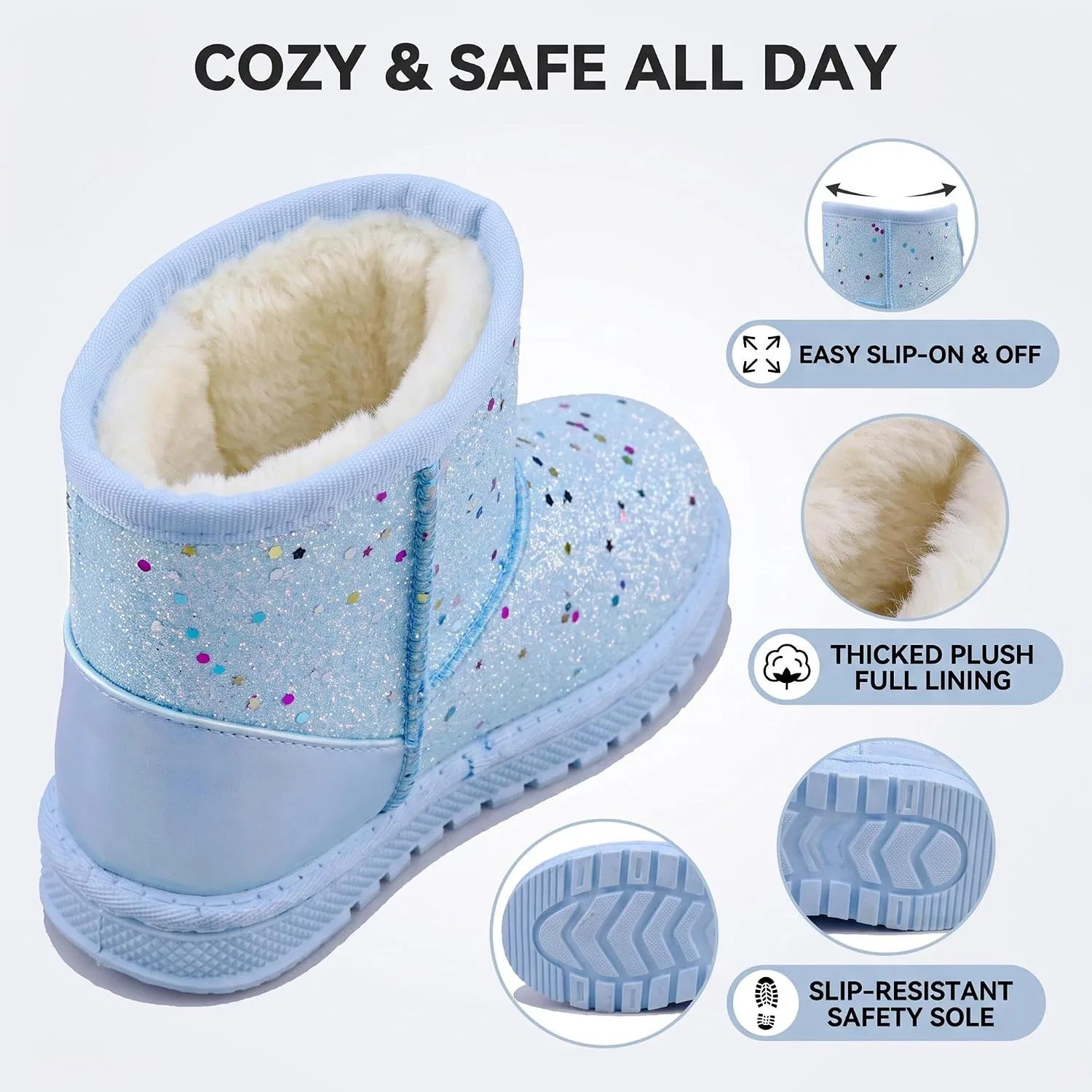 Детские сапоги для девочек с блестками и пайетками Snow Boots Elcssuy, Shiny Blue — фото 3