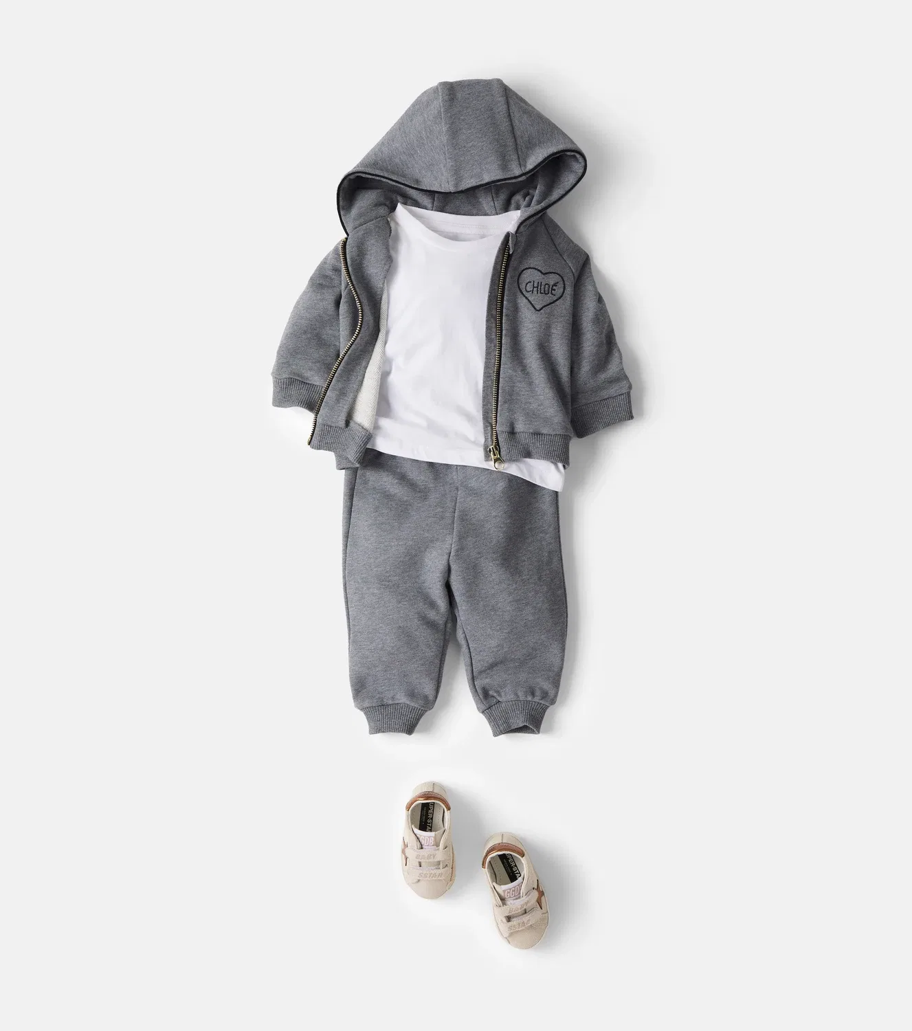 Комплект из худи с капюшоном и брюк, хлопковый, Chloé Kids, серый — фото 2