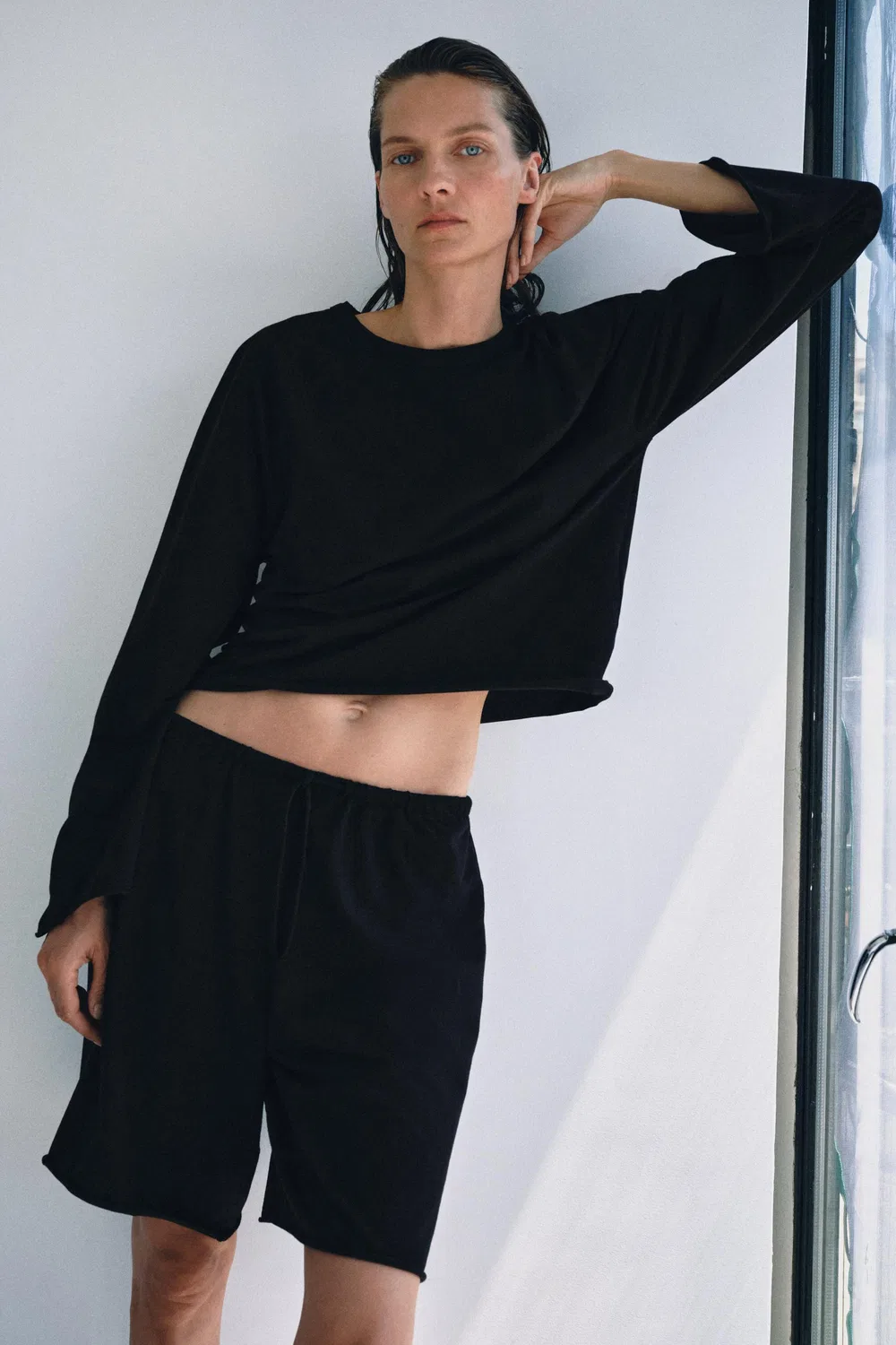 Хлопковые шорты-бермуды на шнуровке ZARA, Black