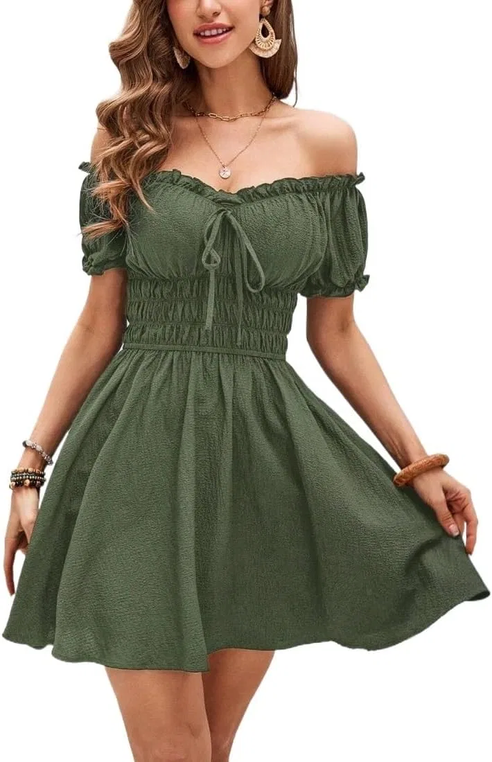 Женское повседневное платье с воланами A-силуэта Off Shoulder, Army Green