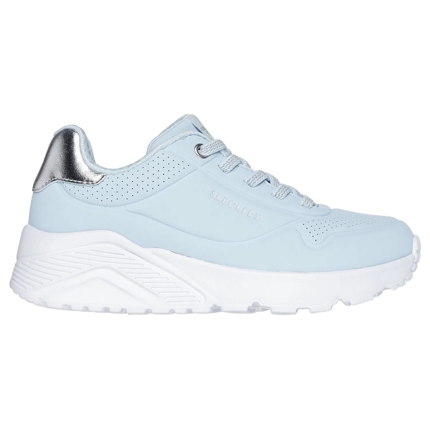 Детские кожаные кроссовки на шнуровке с платформой Skechers, Light Blue/Silver — фото 4