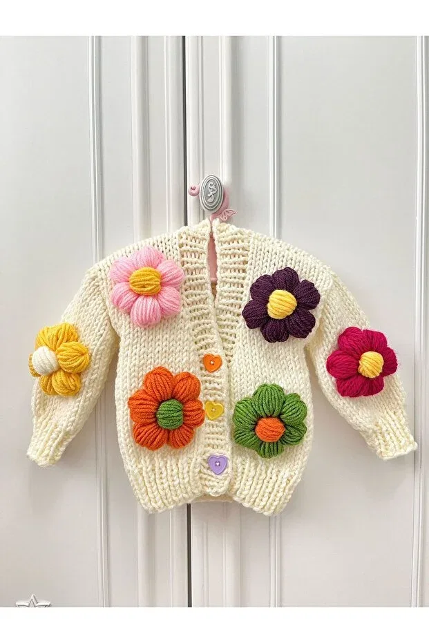 Детский кардиган для девочек с цветочным принтом Hand knitted children-baby cardigan Bilgem Butik, Cream