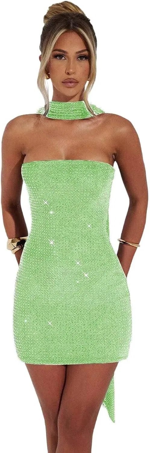 Женское короткое платье с пайетками без бретелек YHW86, Green