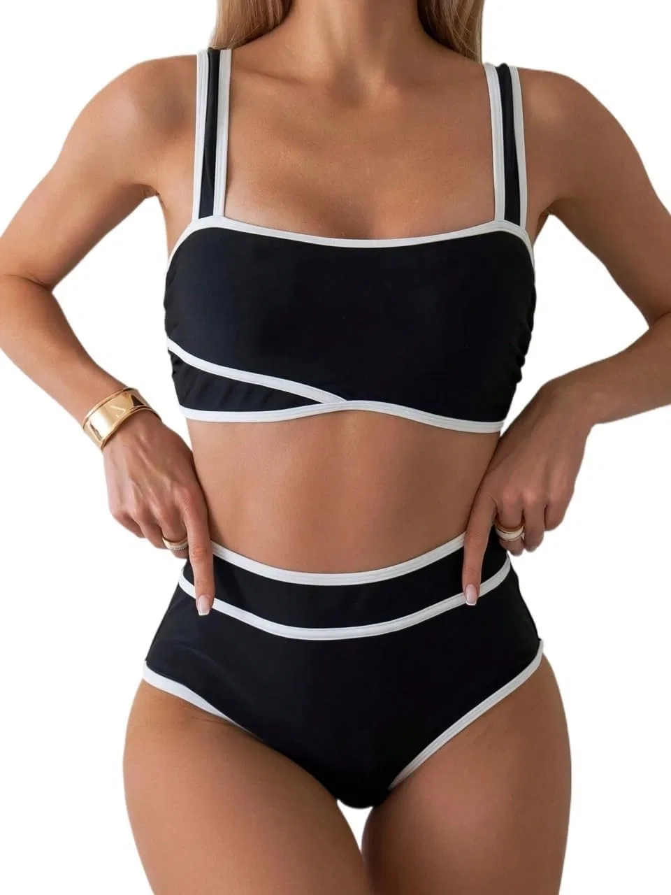 Женский бикини-сет с высокой талией Colorblock, Black/White