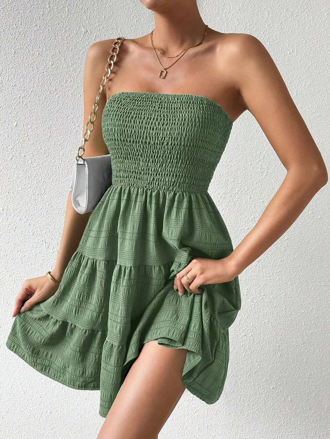 Женское повседневное платье A-силуэта с воланами Sleeveless Tiered Ruffle, Army Green — фото 2
