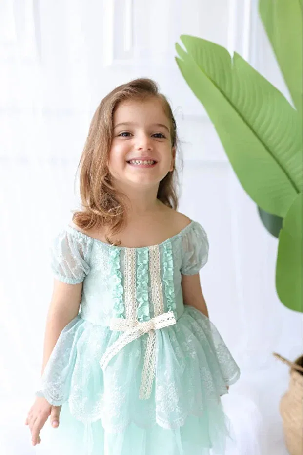 Детское платье для девочек с цветочным принтом Magnolia girl's dress Aysskids, Water Green — фото 4