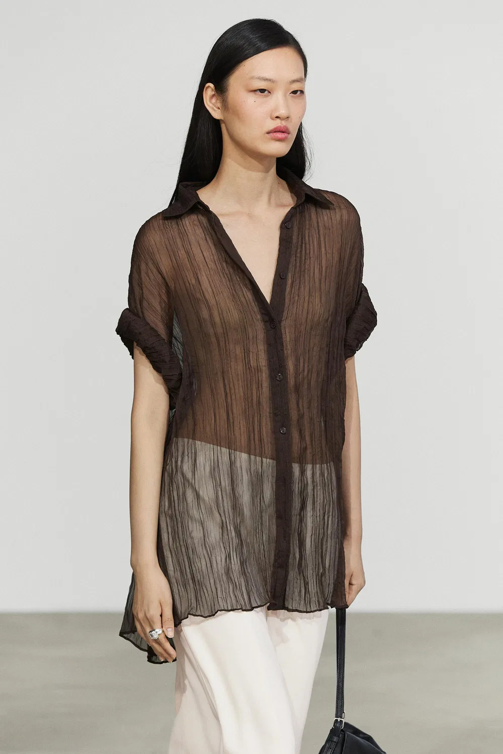 Рубашка Massimo Dutti, плиссированная, для создания полного образа, коричневая — фото 2