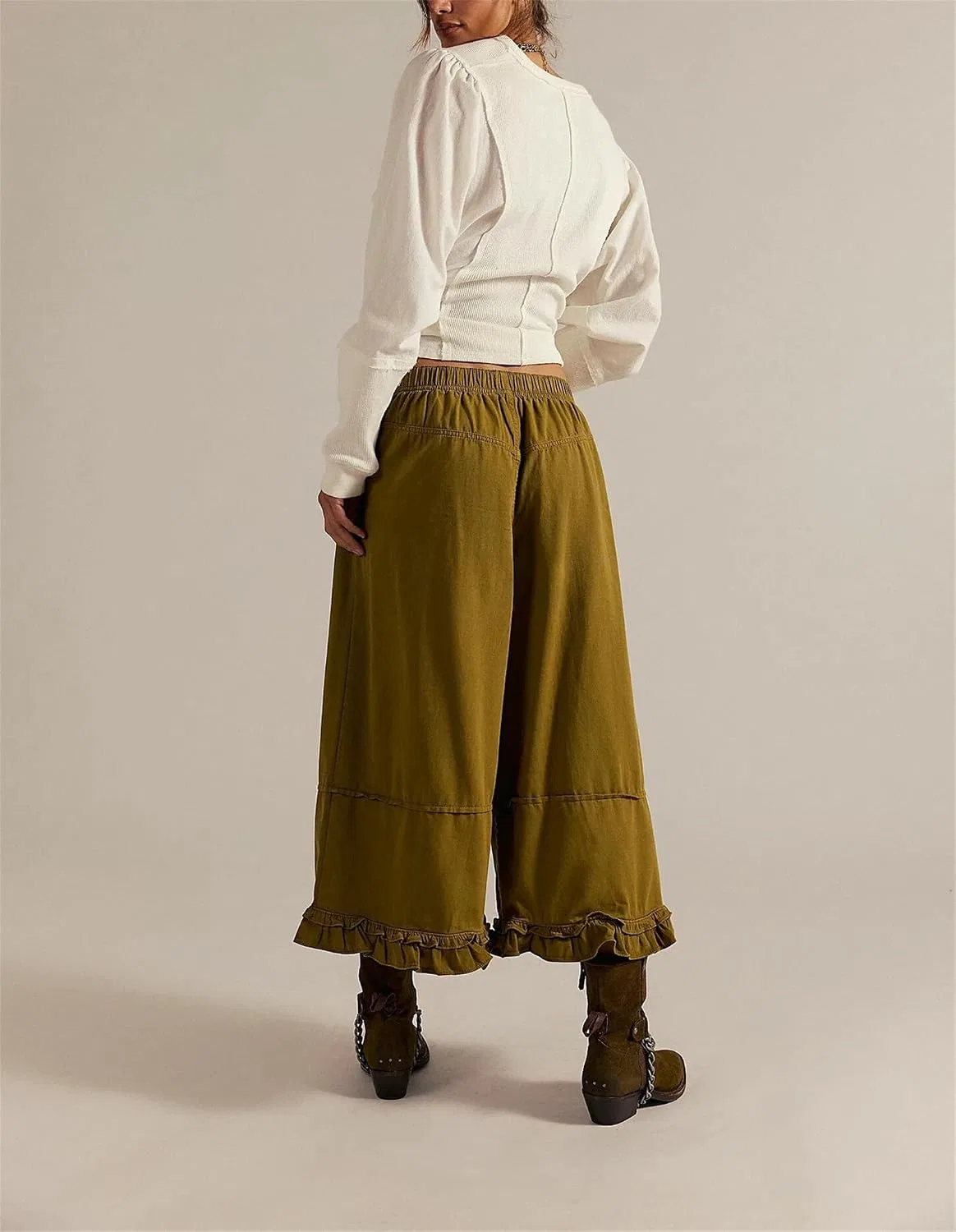 Женские джинсы с воланами по низу, wide leg, Ruffle Bloomer, зелёный — фото 3