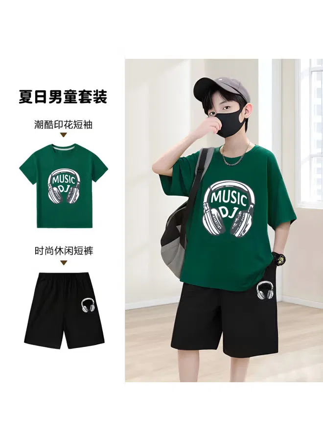 Комплект футболка с коротким рукавом с принтом 2025 summer new boys' short-sleeve t-shirt two-piece set Bornbay, темно-зеленый — фото 2