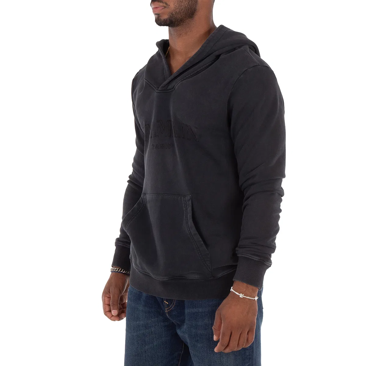 Худи с V-образным вырезом V-Neck Cotton Hoodie Balmain, Gris/Gris — фото 2