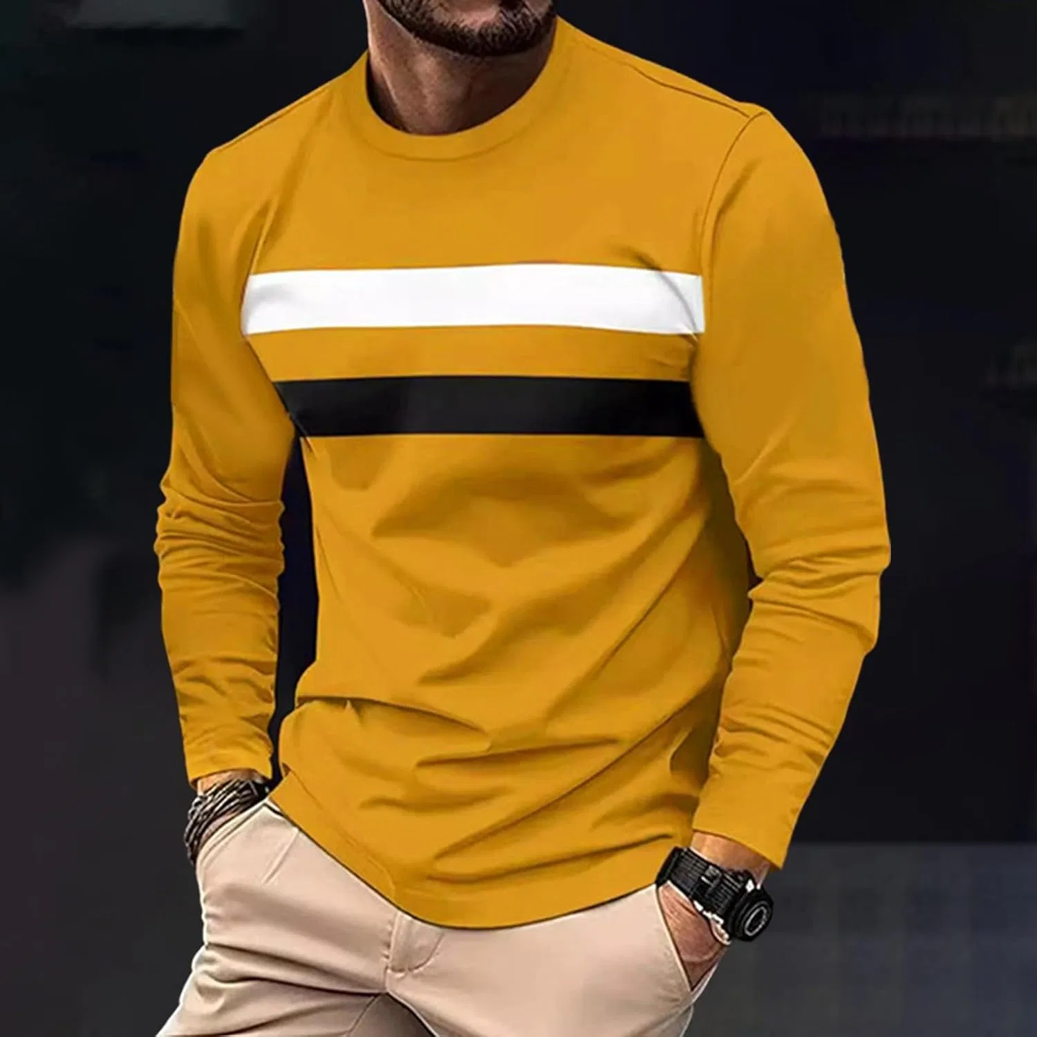 Мужская футболка с длинным рукавом полосатая контрастная, Yellow — фото 2