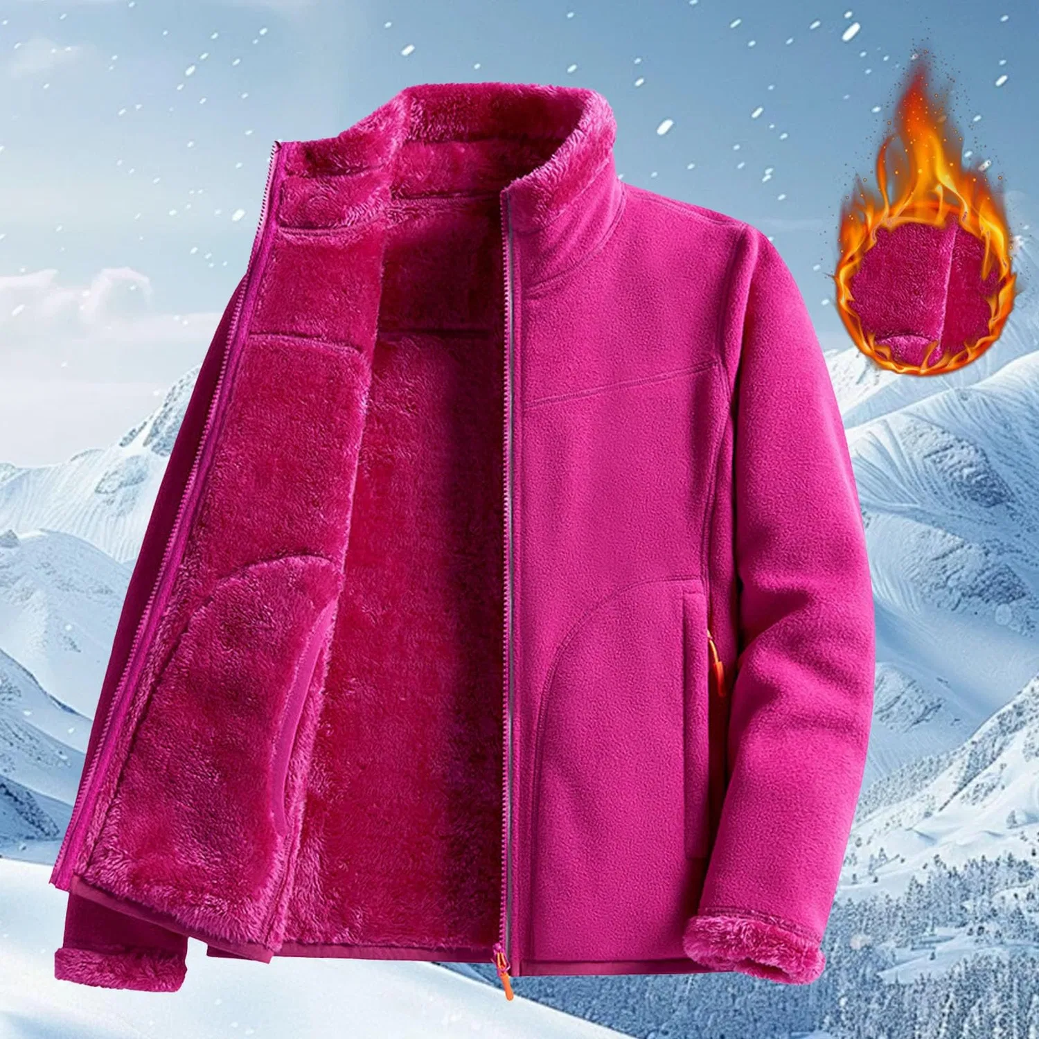 Женское утепленное пальто на флисе с принтом, модель Sherpa Lined Coats Women Fleece Teddy Winter Warm Full Zipper Solid Color Jackets Fluffy Fluffy Casual Comfortable Soft Furry Jackets With Pockets, Rosa acceso — фото 2
