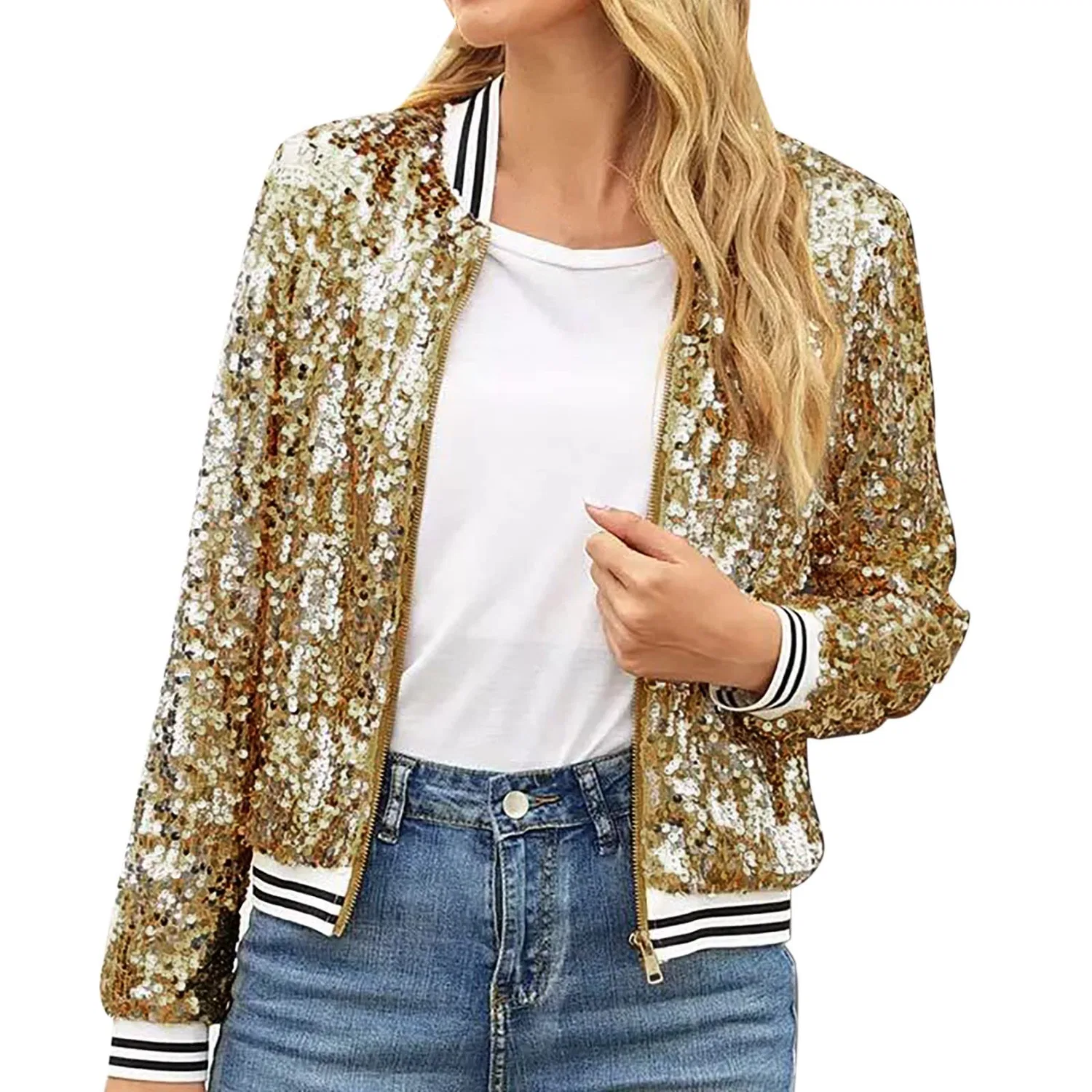Женская куртка с пайетками с длинным рукавом Women Glitter Jacket, Gold — фото 2