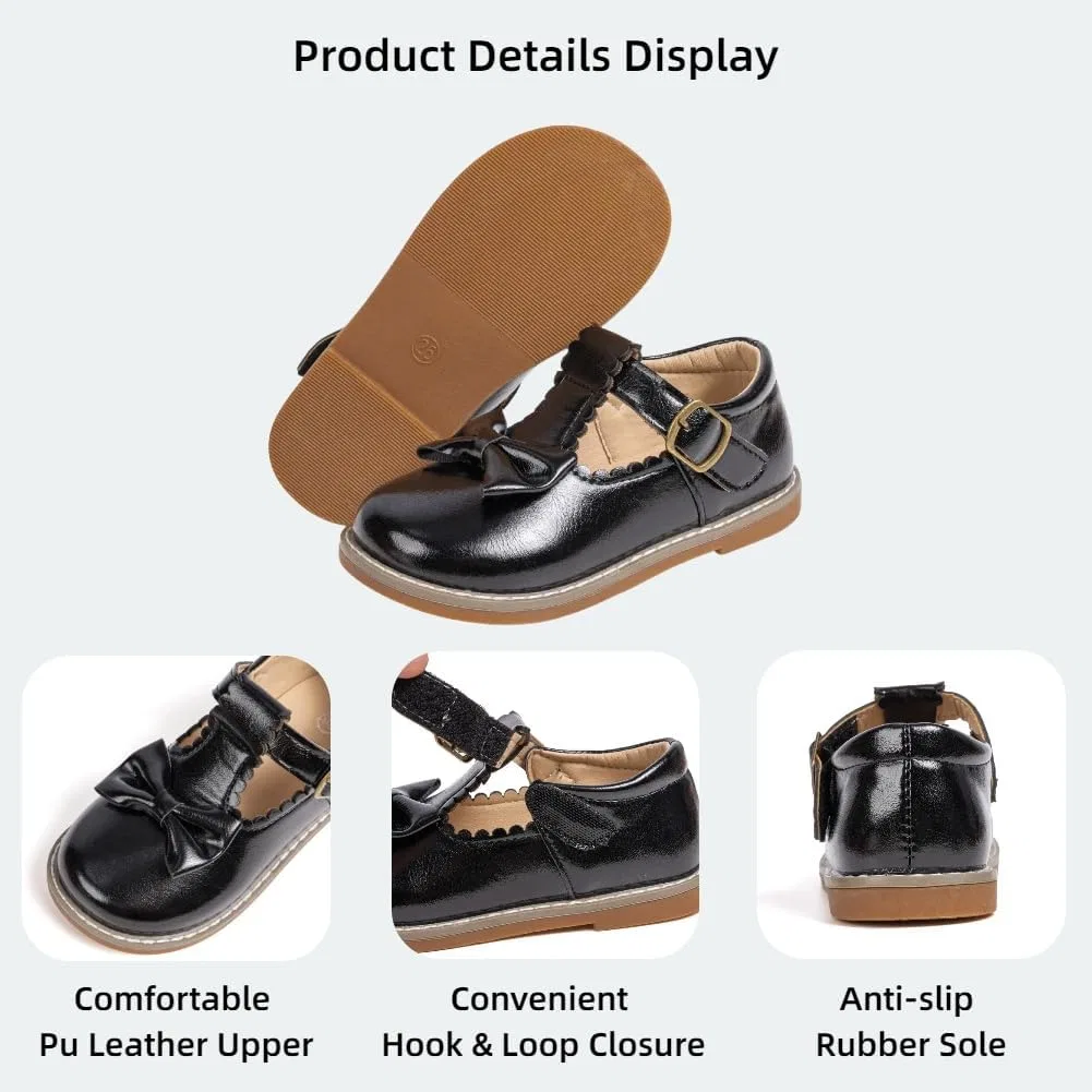 Детские туфли для девочек с бантом T-Strap Mary Jane Flats GOJERP, Black — фото 4