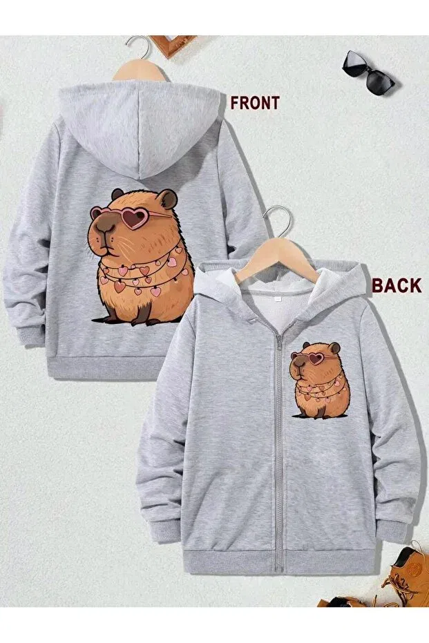 Детский кардиган с капюшоном с принтом Girl-Boy gray glasses capybara front-back printed hooded zippered cardigan Morning Kids, Gri — фото 2