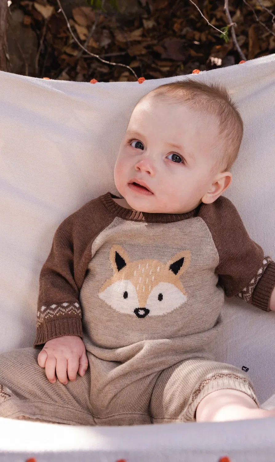 Детский вязаный боди-комбинезон с принтом лисы Knitted Intarsia Romper Deux par Deux, Brown Cinnamon — фото 2