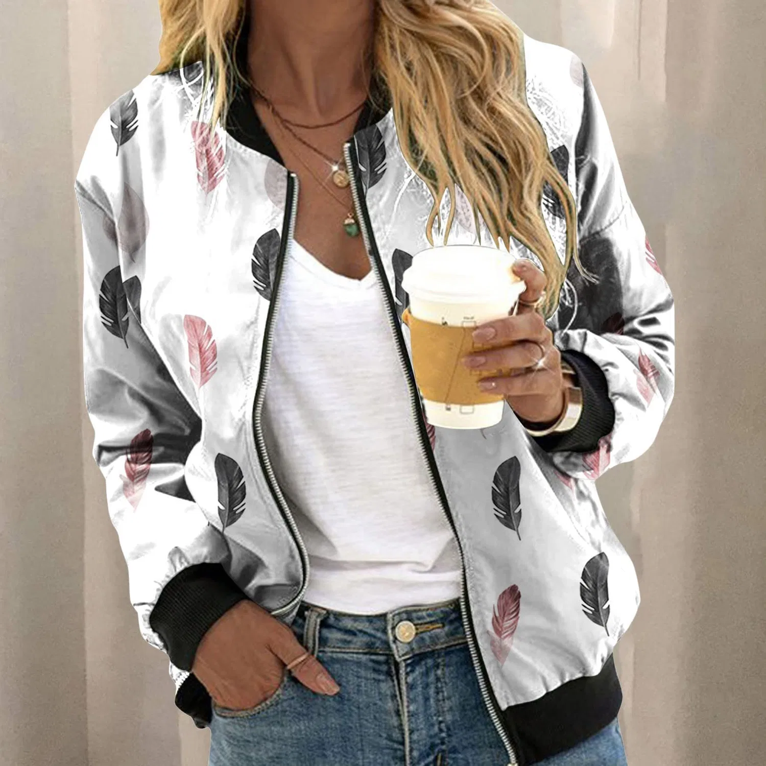 Женская куртка с цветочным принтом Casual Jackets for Women Everyday Jacket Casual Lightweight Zipper Coat Floral Print Korean Collar Outerwear Sports Short Top with Zipper Socks, Bianco — фото 3
