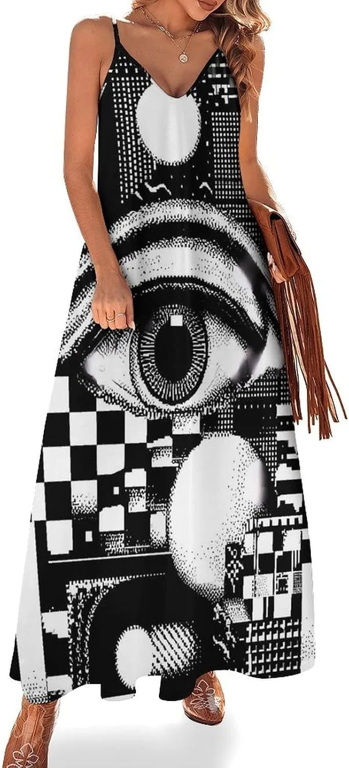 Женское свободное длинное платье на тонких бретелях, Black/White