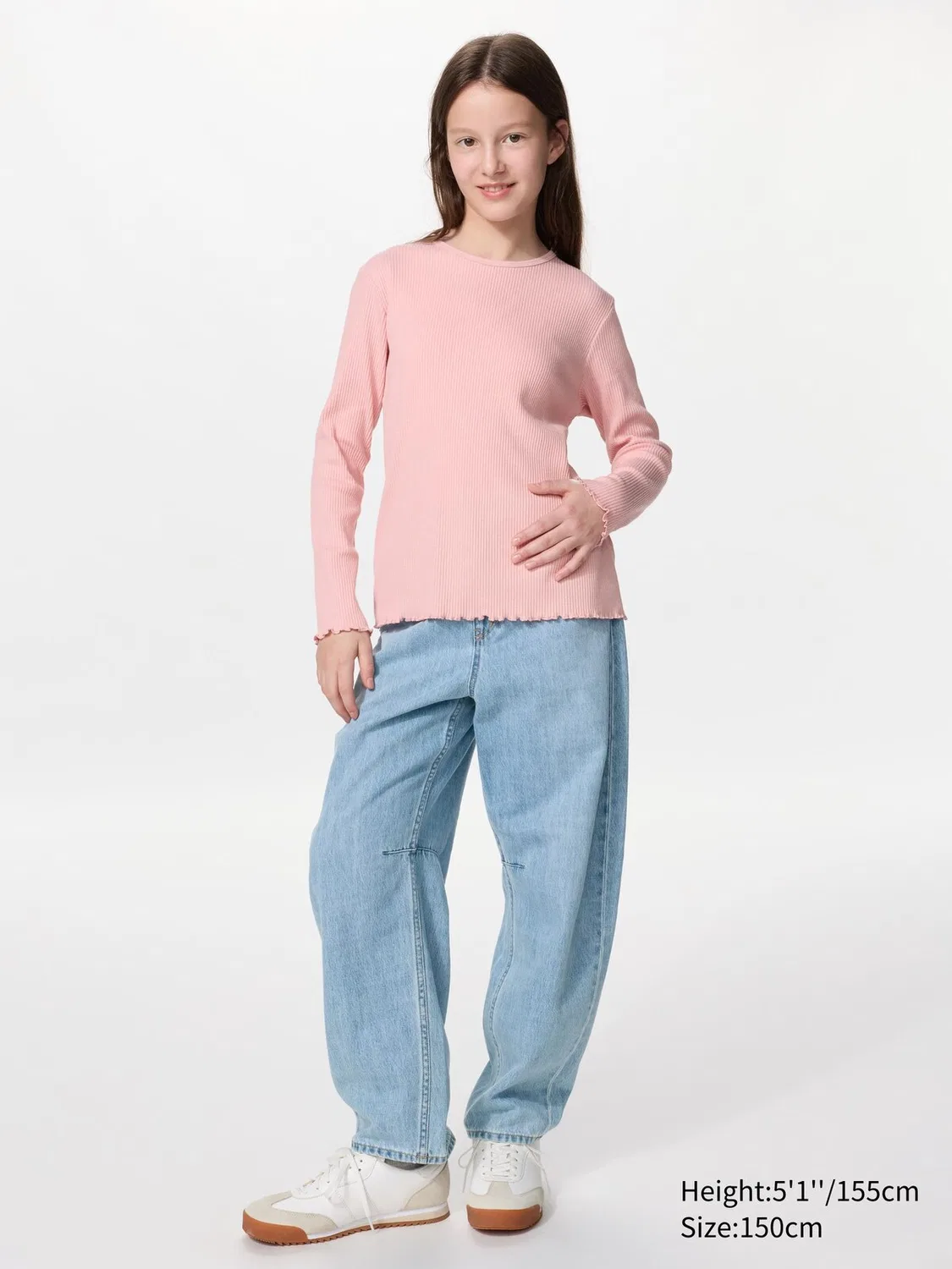 Футболка Uniqlo, детская, с круглым вырезом и длинным рукавом, розовый — фото 2