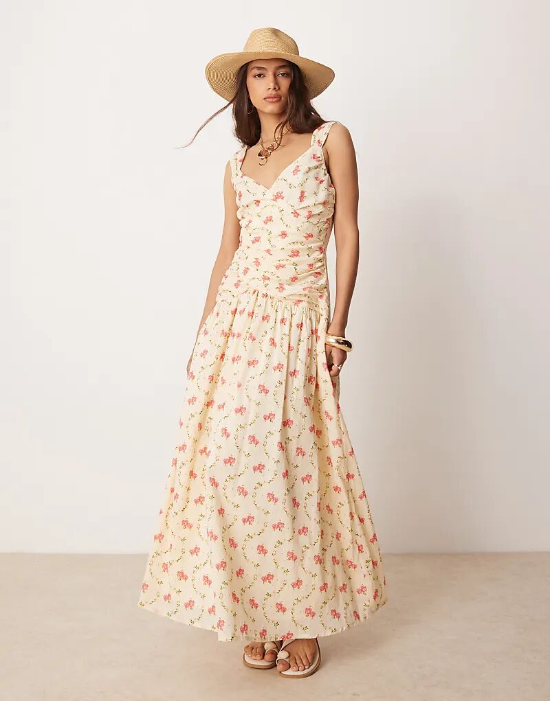 

Платье миди ASOS DESIGN с заниженной талией, лифом-облегающим, с цветочным принтом