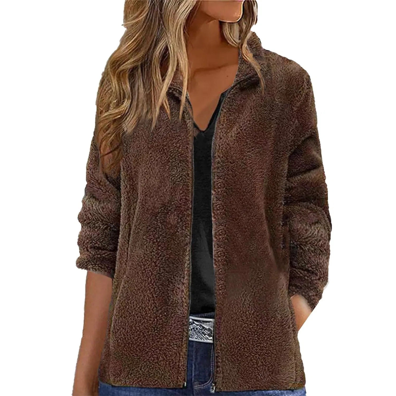Женская куртка из флиса с принтом, модель Women Fleece Jackets Full Zipper with Pockets, Marrone
