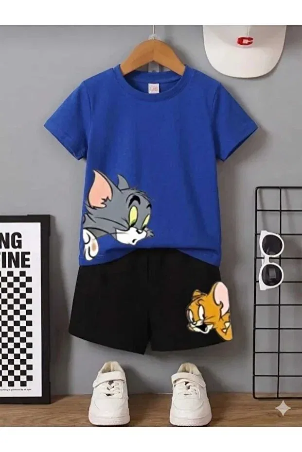 Детский спортивный комплект для девочек с графическим принтом Tom and Jery Nice Clothes, Bottom Black Top Blue