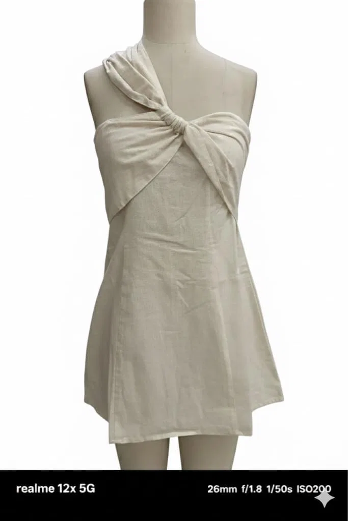 Женское мини-платье с одним рукавом и узлом Cotton-Linen, Natural — фото 3