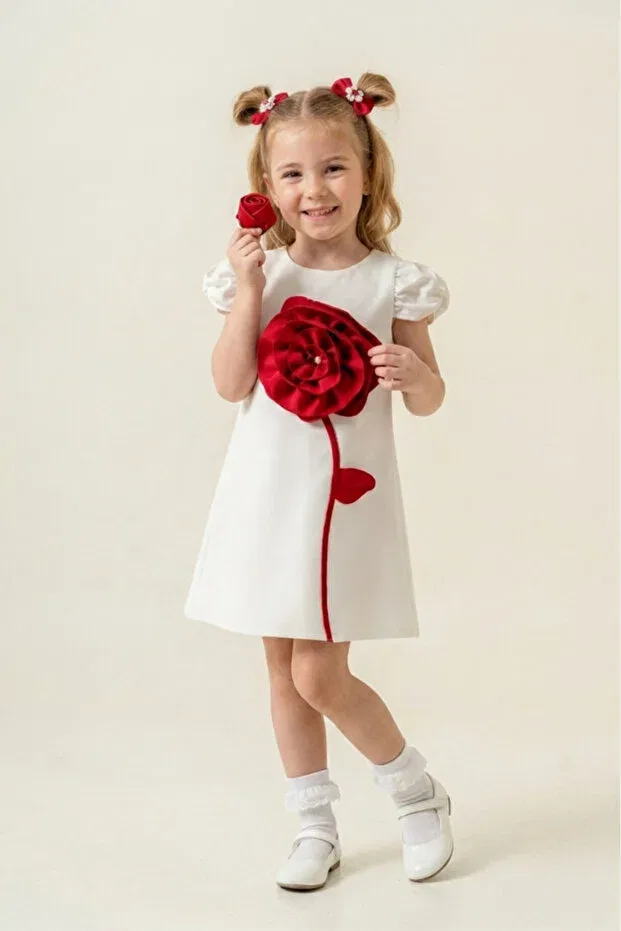 Детское платье для девочек с коротким рукавом Rose Detailed Eray Kids, White — фото 4