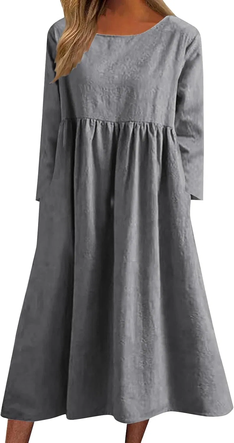 Женское макси платье с воланами и пуговицами из хлопка и льна, Dark Gray