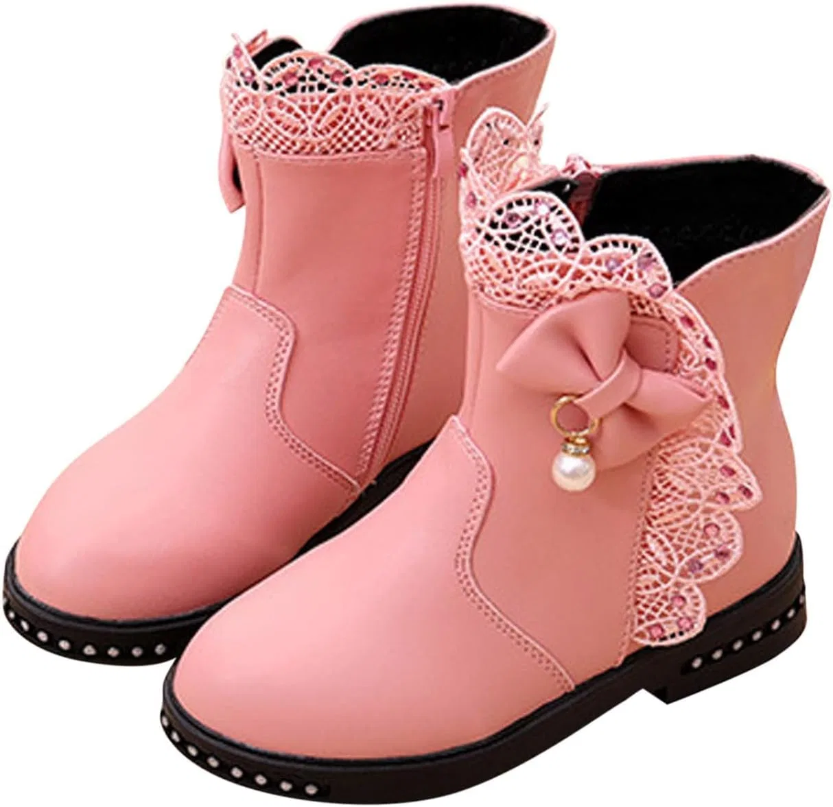 Детские сапоги для девочек с мехом, на шнуровке и молнии, Pink