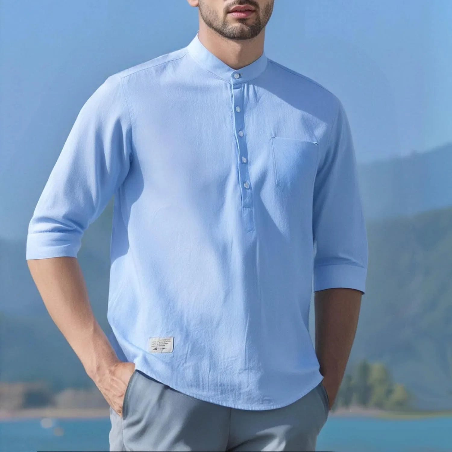 Мужская хлопковая футболка с пуговицами Henley, Light Blue — фото 2