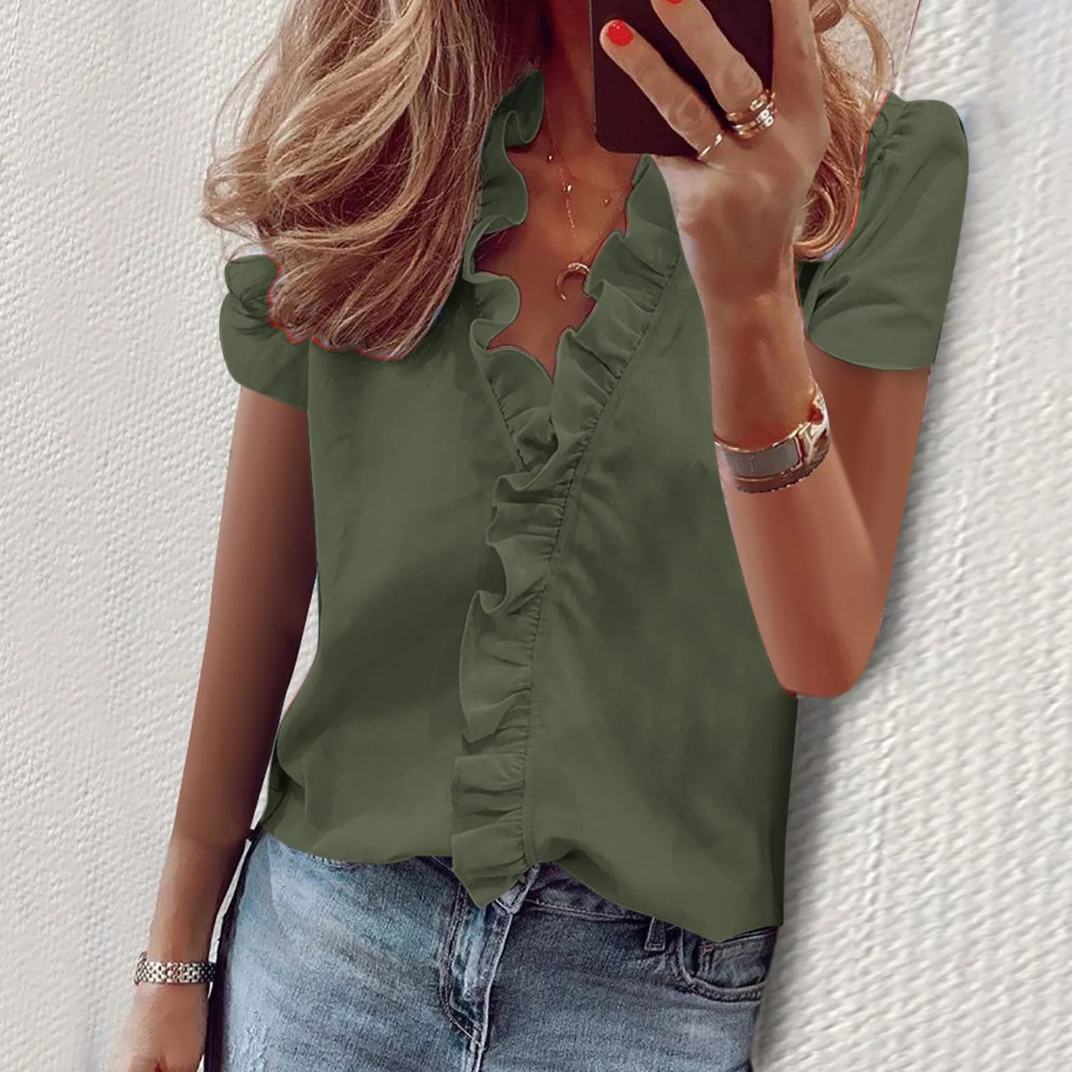 Женская блузка с V-образным вырезом и воланами, с коротким рукавом, Short Sleeve - Army Green 01 — фото 2