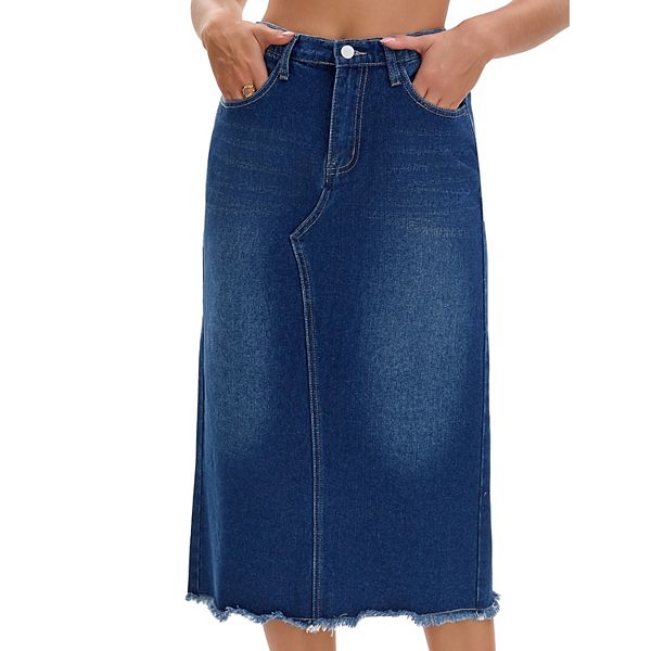 

Женская длинная джинсовая юбка с эластичным поясом и прорезными карманами сзади Inspire Chic, Deep Blue